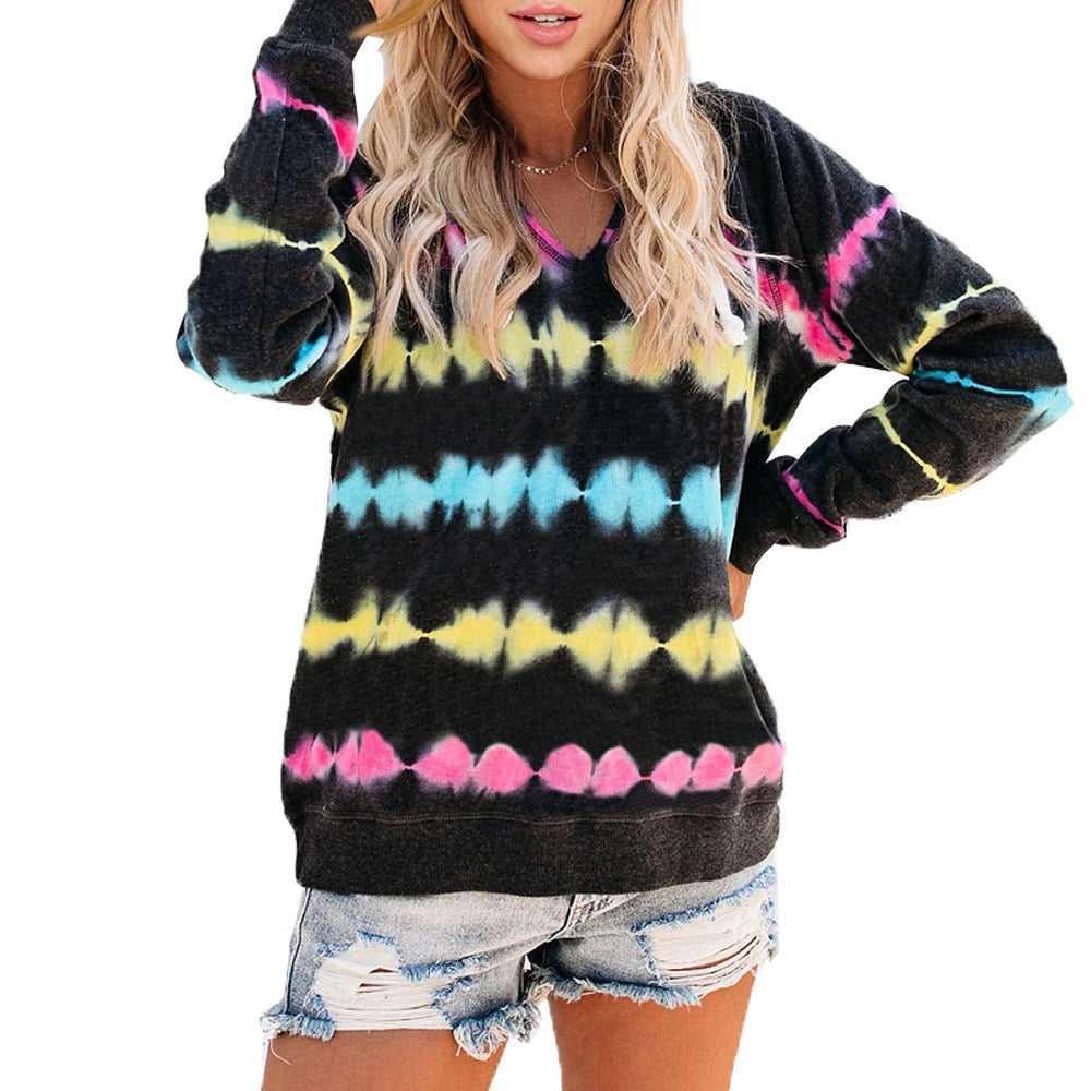 Damen lässiger V-Ausschnitt Pullover im modischen Tie-Dye-Design R&B