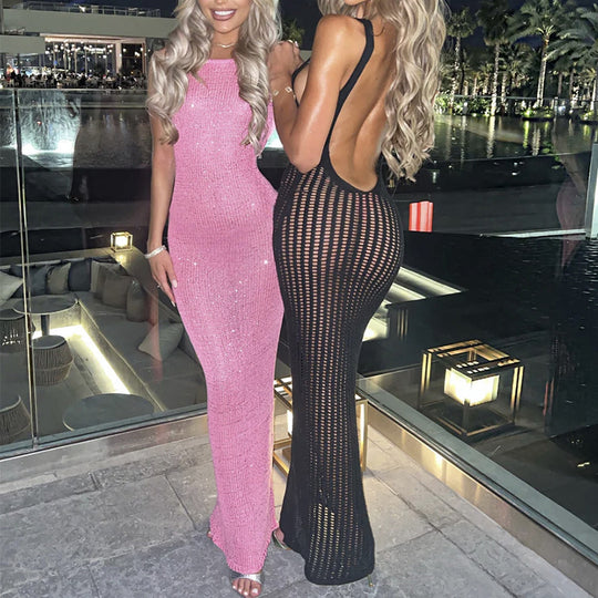 Damen Häkel-Maxikleid mit tiefem Rückenausschnitt und eleganter Lochstruktur R&B