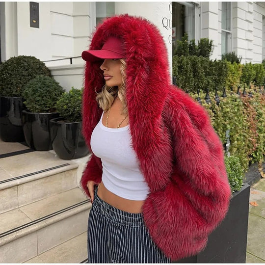Damen oversized Kunstpelz-Jacke mit Kapuze und weiten Ärmeln R&B