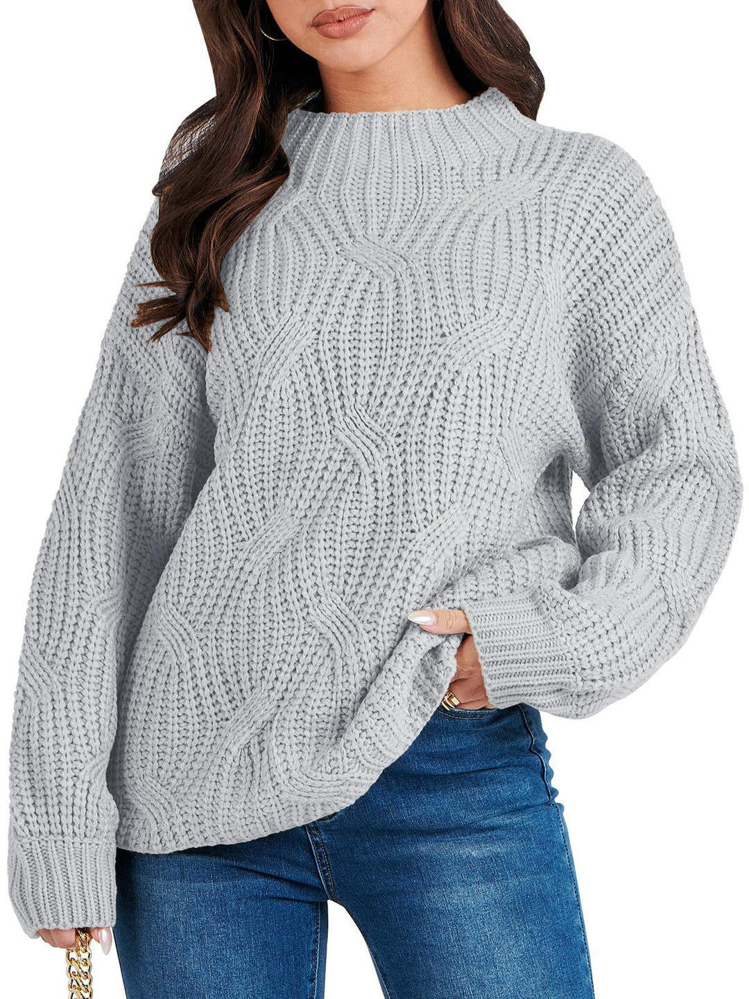 Damen Grobstrickpullover mit extravagantem Wellenmuster und hohem Kragen R&B