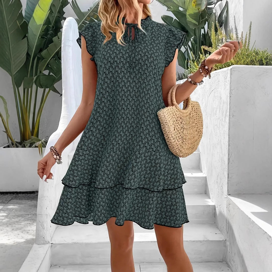 Damen Leichtes Boho-Kleid mit Rüschendetails und hochgeschlossenem Kragen R&B