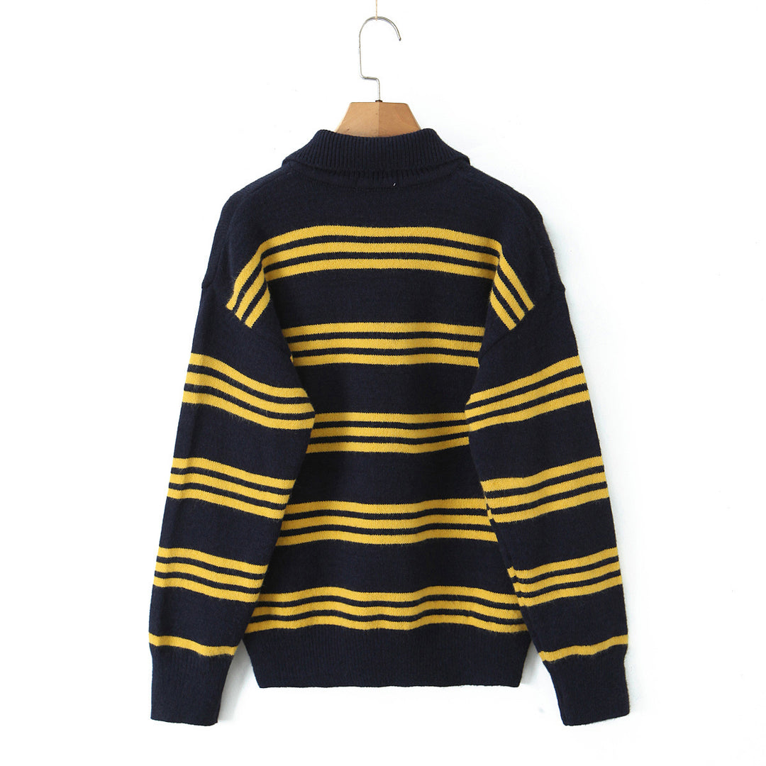 Damen gestreifter Poloshirt-Strickpullover R&B