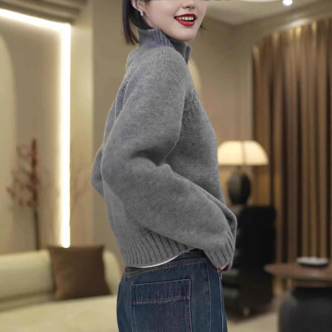 Damen Strickpullover mit hohem Kragen und praktischem Reißverschluss R&B