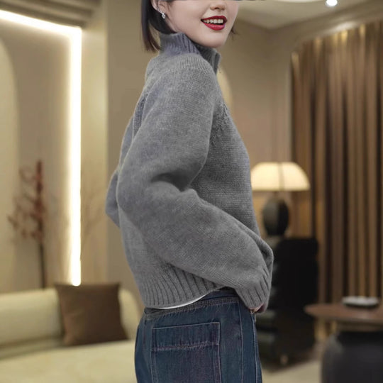 Damen Strickpullover mit hohem Kragen und praktischem Reißverschluss R&B