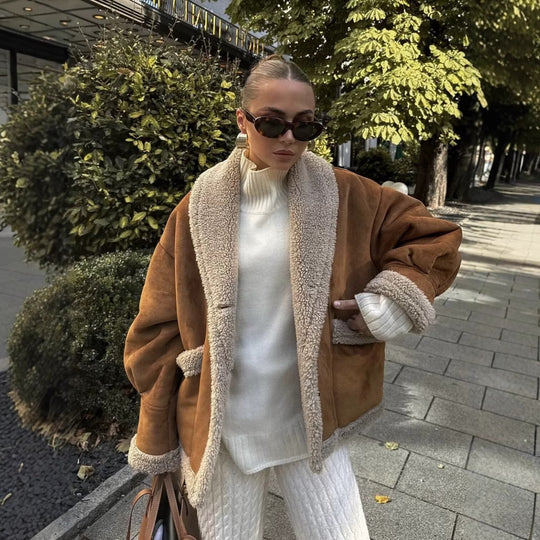 Damen kuschelige Blazerjacke im Teddy-Look mit praktischem Taschen R&B