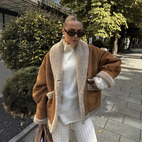 Damen kuschelige Blazerjacke im Teddy-Look mit praktischem Taschen R&B