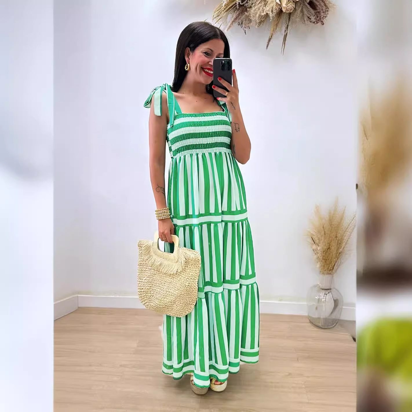Damen Maxi Kleid mit schulterfreien Trägern und verspieltem Volantdesign R&B