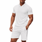 Herren nan lässiges Waffelstruktur-Freizeitset mit Reverskragen-Kurzarmshirt und elastischen Freizeitshorts R&B