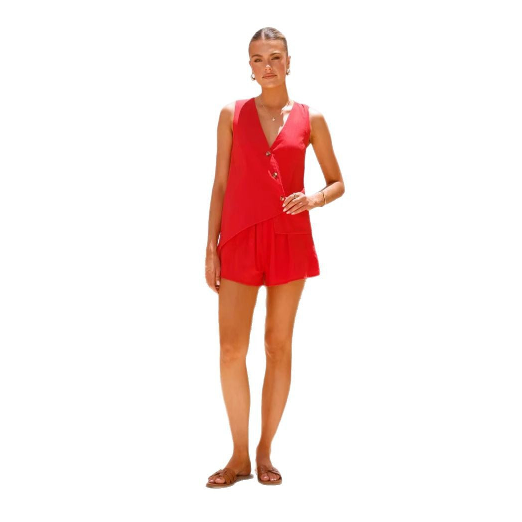Damen lässiges Sommer-Outfit mit V-Ausschnitt und asymmetrischem Schnitt R&B