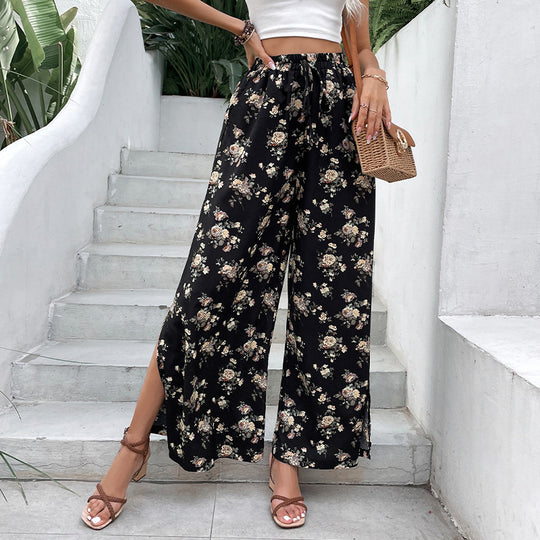 Damen Palazzo-Hose mit floralem Muster und hohen Schlitzen R&B