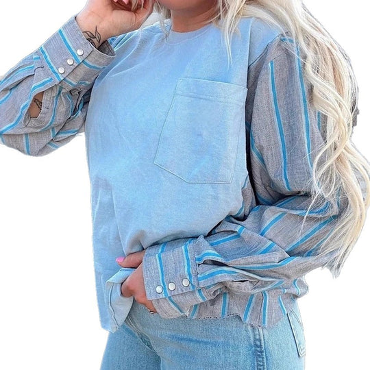 Damen nan Langarmshirt im Lagenlook mit Brusttasche und gestreiften Hemdärmeln R&B