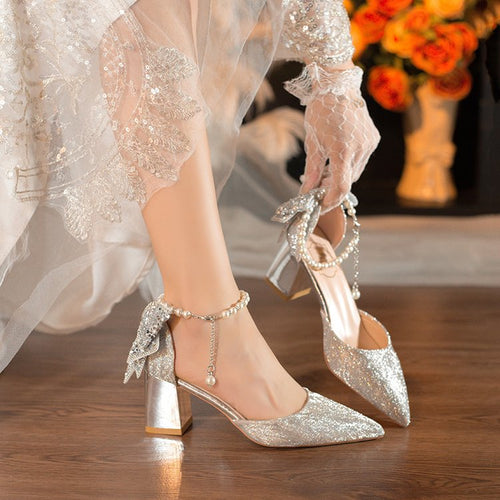 Damen elegante Glitzer-Pumps mit verzierten Fesselriemen R&B