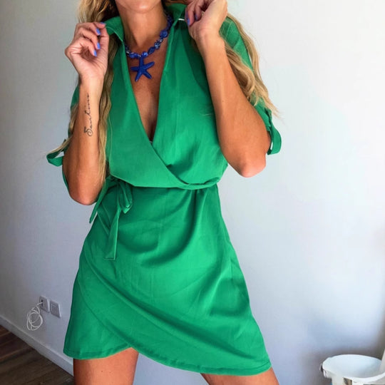 Damen Wickelkleid mit tiefem V-Ausschnitt und Taillengürtel R&B