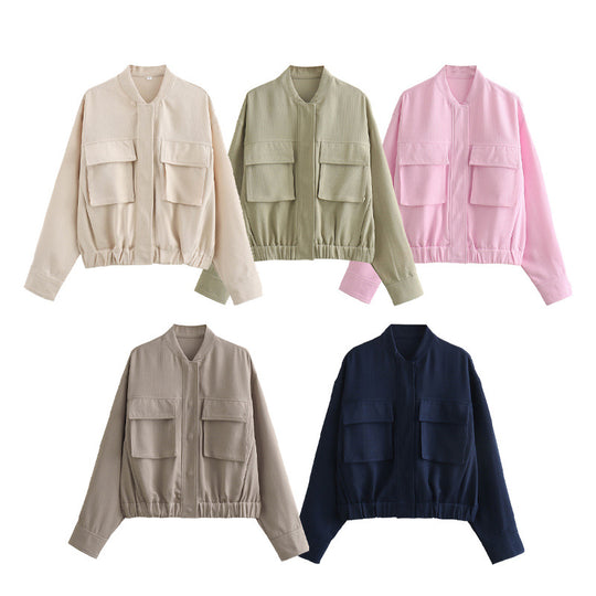 Damen elegante Utility-Jacke mit großen Taschen und elastischem Saum R&B