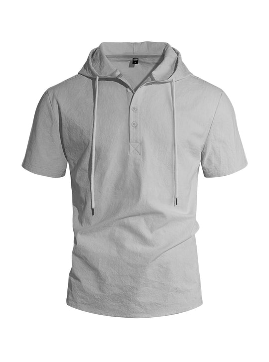 Herren nan kurzärmeliges Kapuzen-Henley aus Slub-Baumwolle mit verdeckter Knopfleiste und Kordelzug R&B