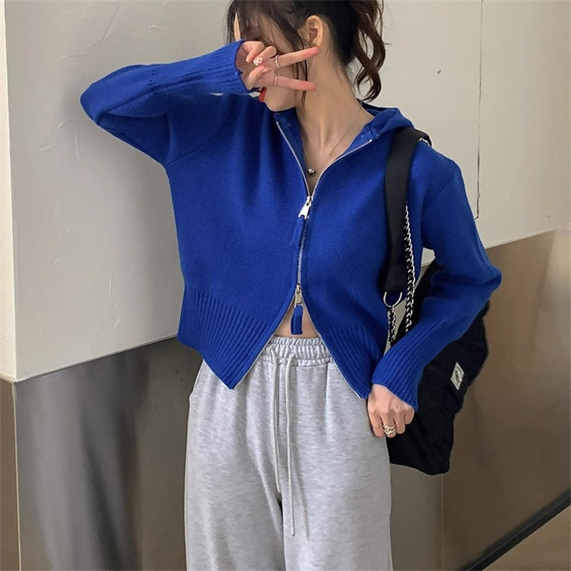 Damen Strickjacke mit hohem Kragen und Reißverschluss R&B