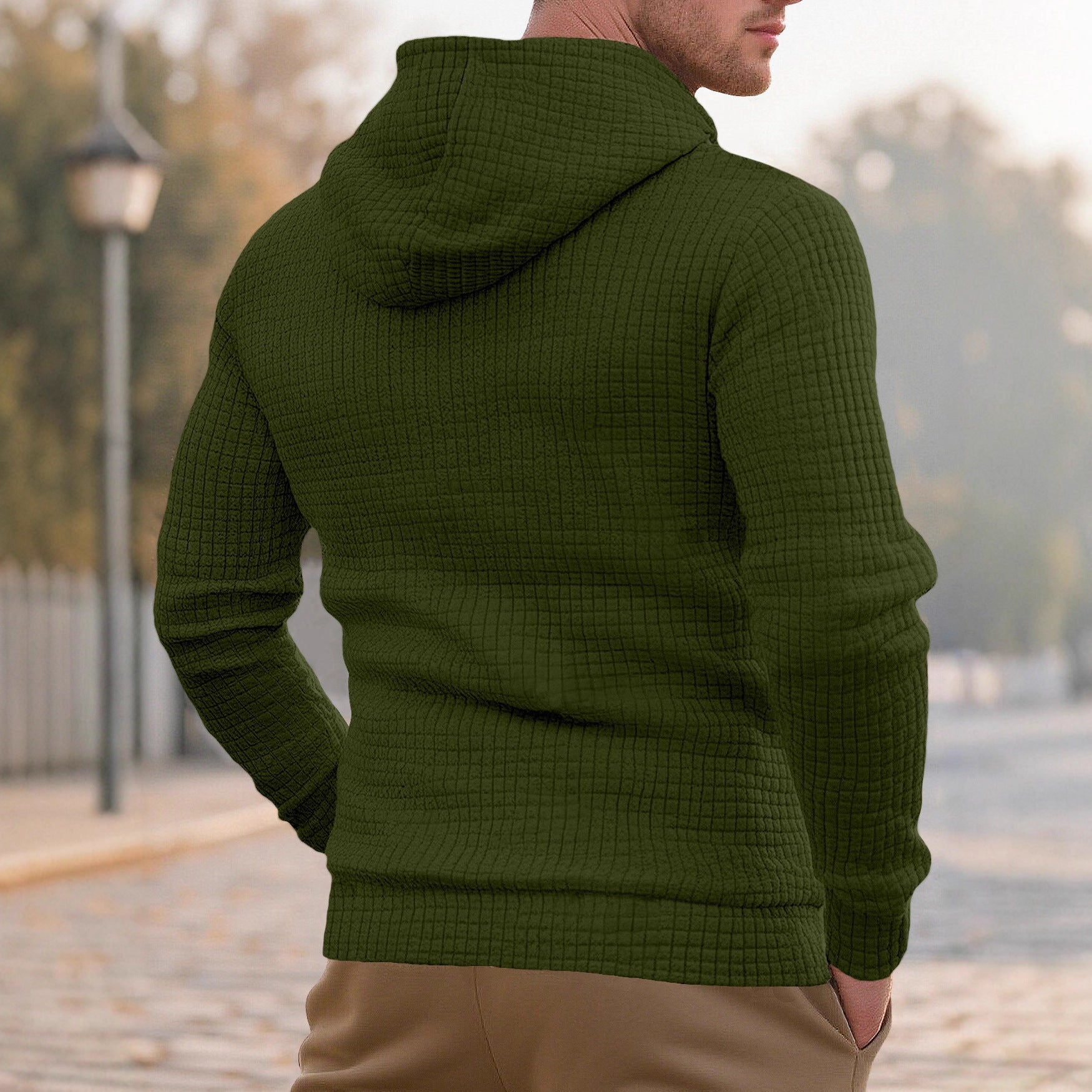 Herren nan schmal geschnittener Stepp-Kapuzenpullover mit feiner Quadratstruktur, Kordelzug und geripptem Saum R&B
