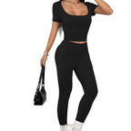 Damen Figurbetontes Sport-Set mit kurzärmligem Oberteil und hochgeschnittener Leggings R&B