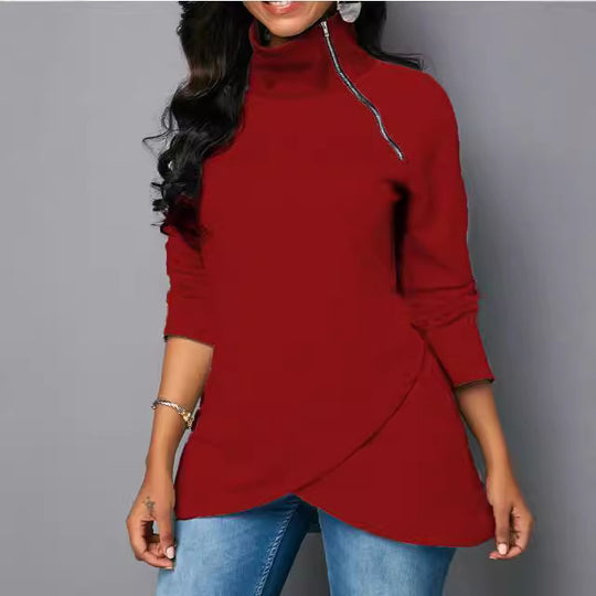 Damen Rundhals Shirt mit hoher Kragen und Reißverschluss R&B