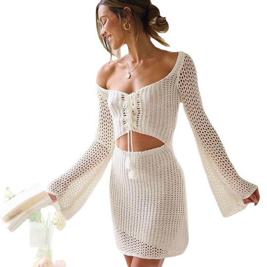 Damen elegantes gehäkeltes Strandkleid mit offenkantigem Design R&B