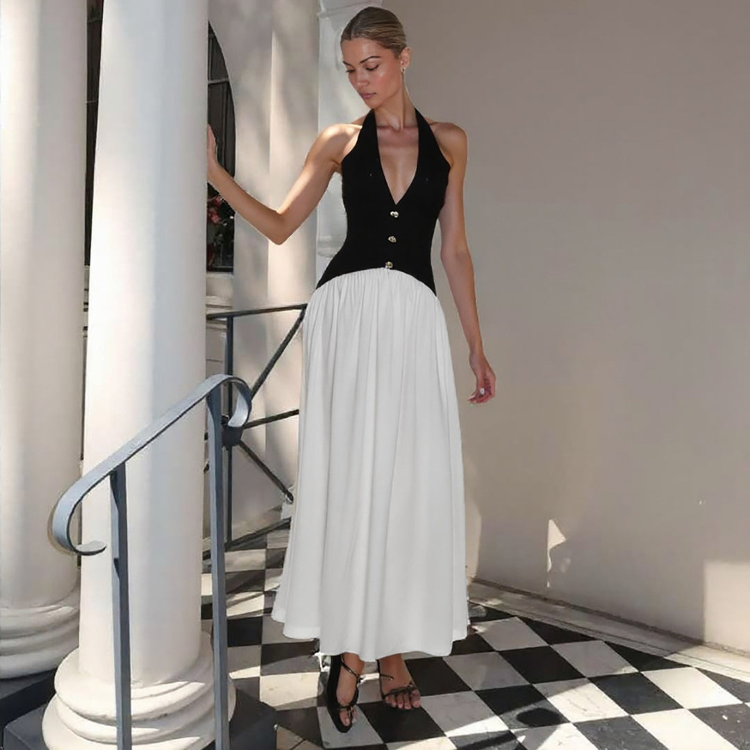 Damen Elegantes Maxikleid mit tiefem V-Ausschnitt und Knopfleiste R&B