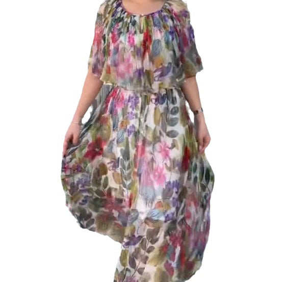 Damen Maxikleid mit transparentem Blütenmuster und elastischer Taille Heidi-Mode