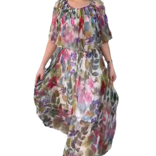 Damen Maxikleid mit transparentem Blütenmuster und elastischer Taille Heidi-Mode
