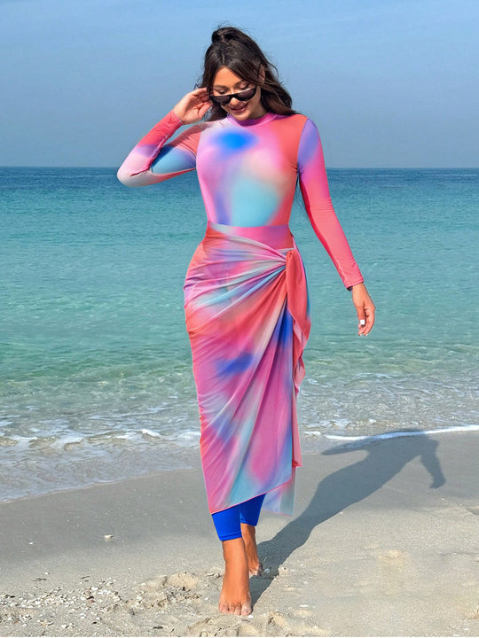 Damen modischer Schwimmanzug mit langem Arm und schwingendem Rock R&B