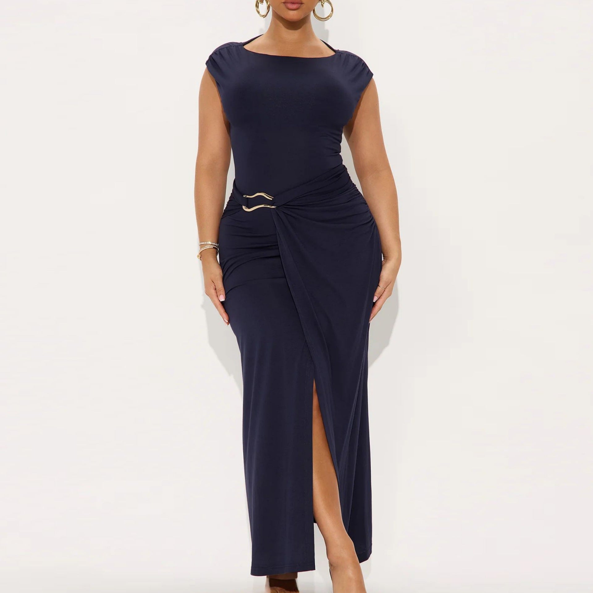 Damen Elegantes Wickelkleid mit seitlichem Schlitz und Gürtel R&B