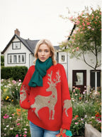 Damen Grobstrickpullover mit festlichem Schneeflockenmotiv und weiten Ärmeln