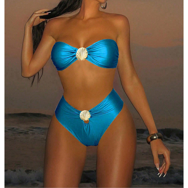 Damen Bandeau-Bikini mit elegantem Muschel-Detail und hohem Beinausschnitt R&B