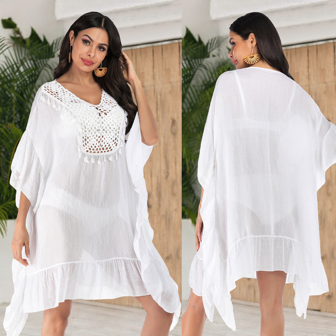 Damen Häkel-Strandkleid mit fransigem Saum und dekorativen Akzenten R&B