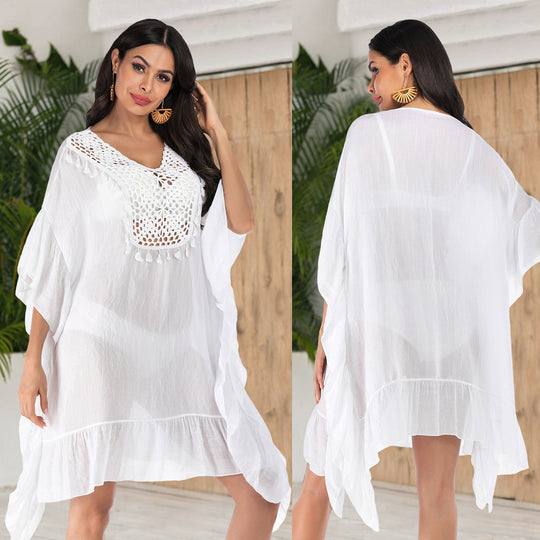 Damen Häkel-Strandkleid mit fransigem Saum und dekorativen Akzenten R&B