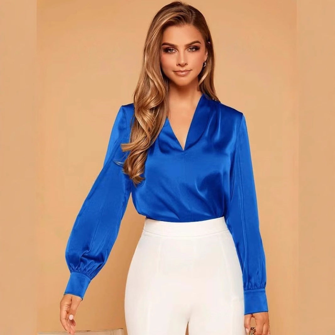 R&B | V-Ausschnitt Langarm Satin Bluse