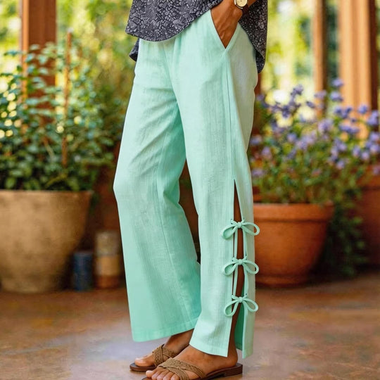 Damen Leichte Sommerhose mit seitlichen Bindegürtel undDekolleté-Schlitzen R&B
