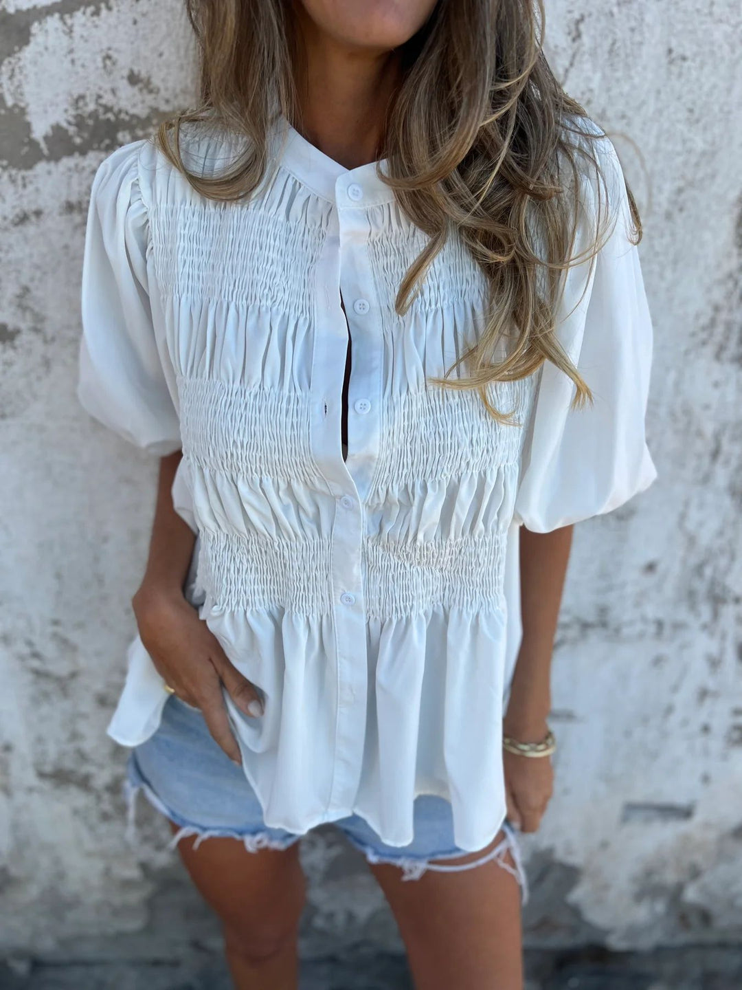 Damen elegante Bluse mit Raffung und durchgehender Knopfleiste R&B