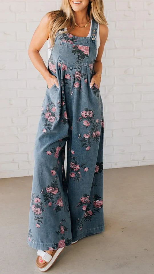 Damen Lässiger Denim-Hosenanzug mit floralem Print und weiten Beinen R&B