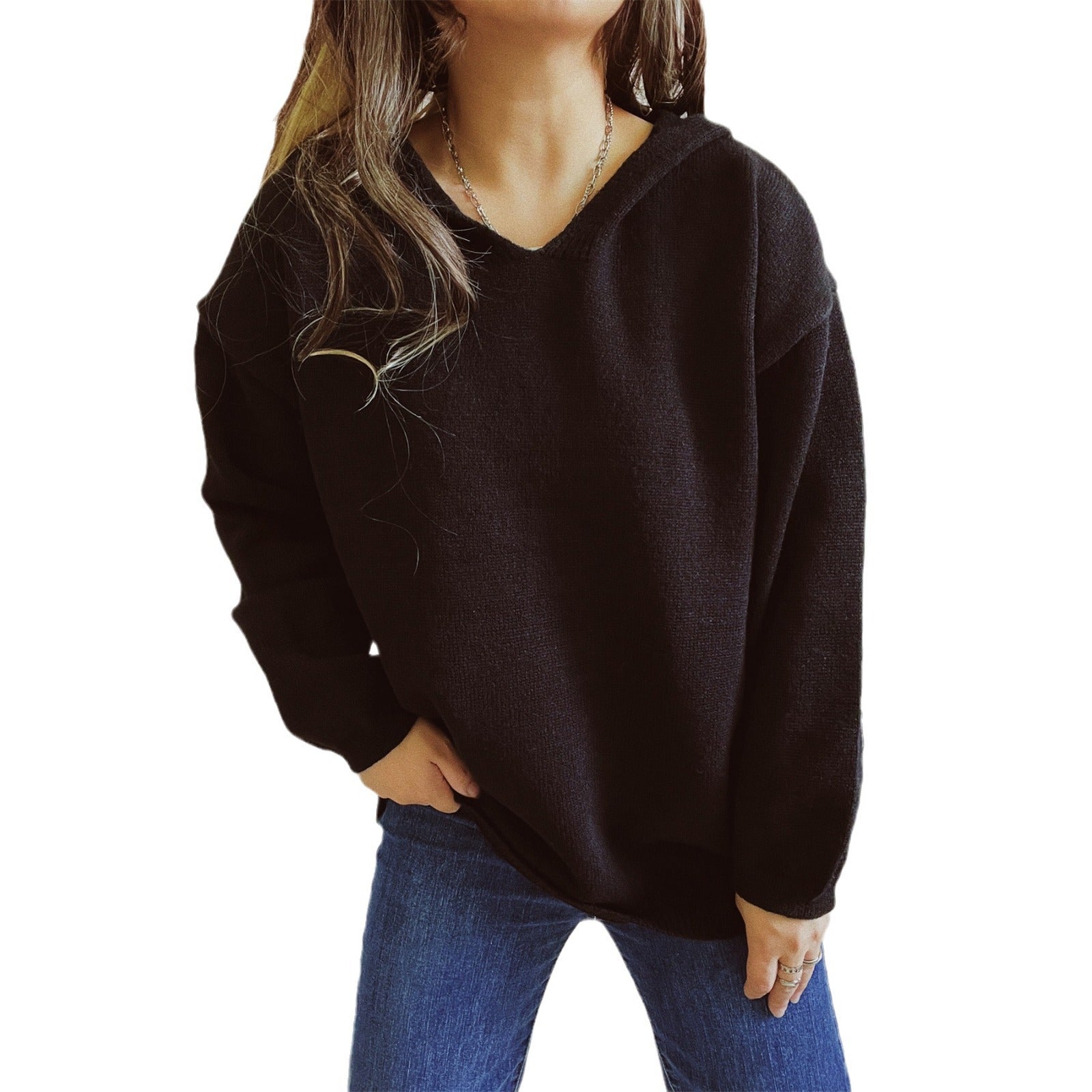 Damen lässiger Strickpullover mit Kapuze und weiten Ärmeln R&B