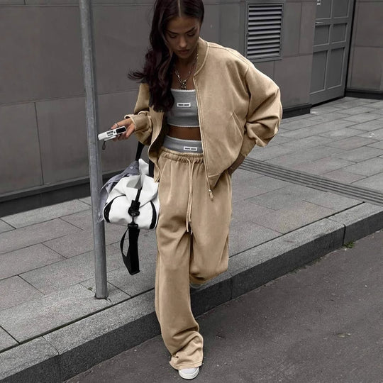 Damen lässiges Lounge-Set mit weiten Hosen und sportlicher Jacke R&B