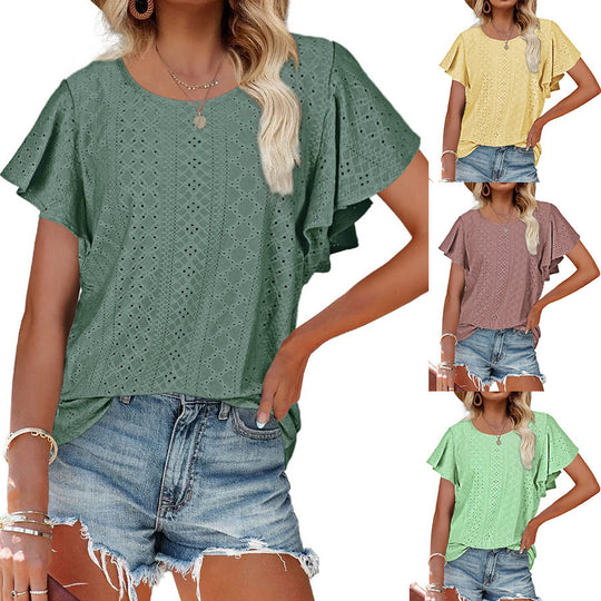 Damen Kurzärmlige Bluse mit Rüschendetails und Lochmuster R&B