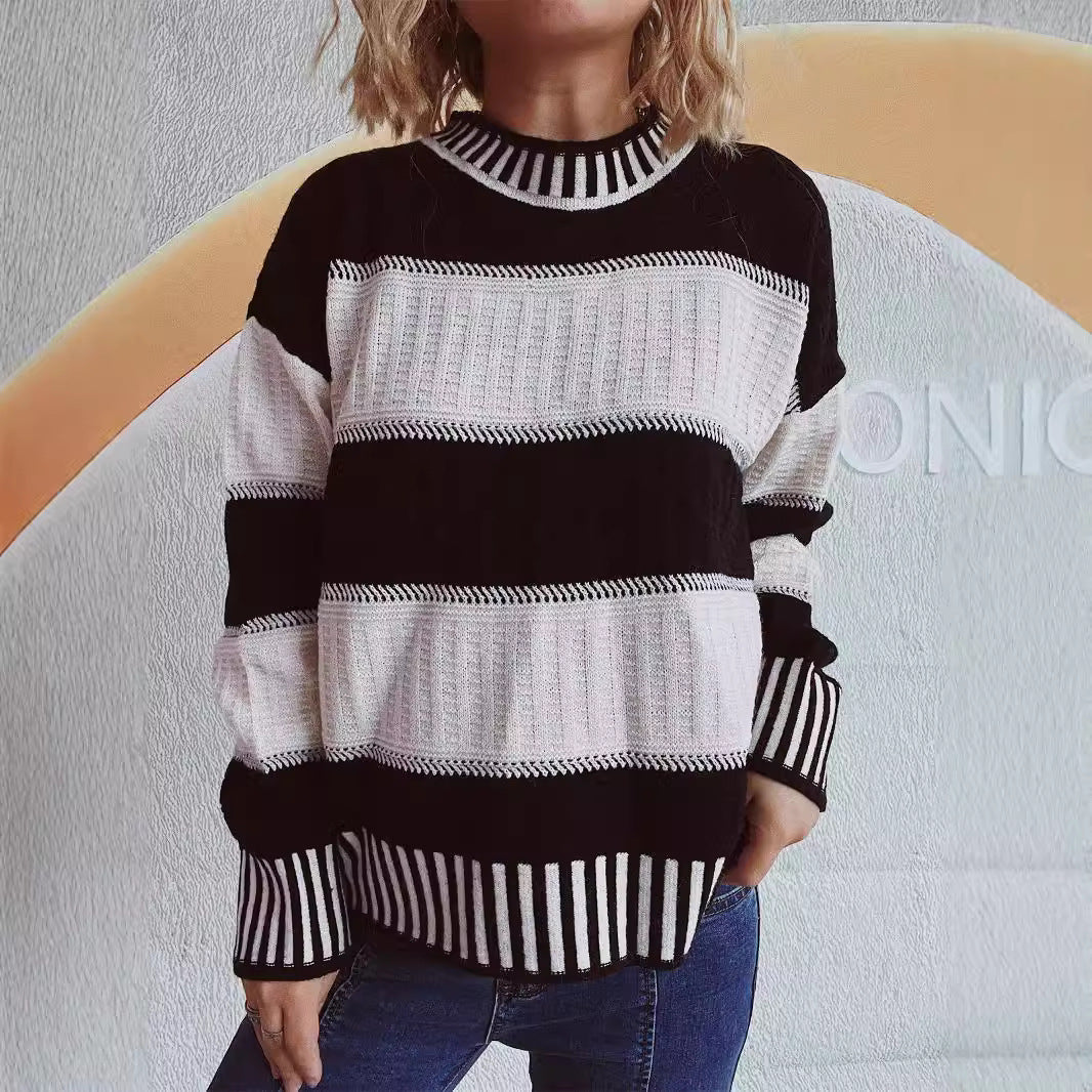 Damen lässiger Strickpullover mit modernem Streifenmuster und warmem Material R&B