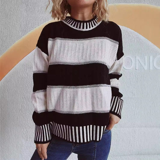 Damen lässiger Strickpullover mit modernem Streifenmuster und warmem Material R&B