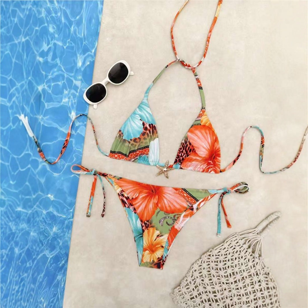 Damen Triangel-Bikini mit floralem Design und verstellbaren Bändern R&B