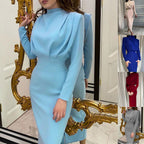 Damen Abendkleid mit elegantem hohen Kragen und drapierten Ärmeln R&B