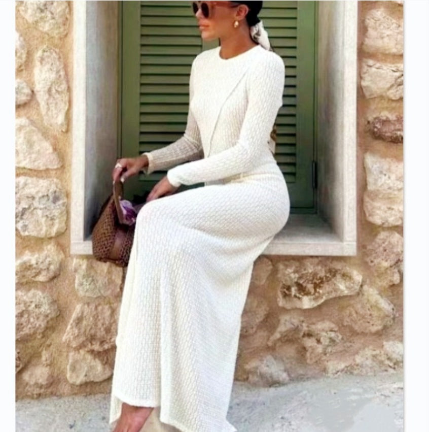 Damen Strickmaxikleid mit strukturiertem Design und langem Ärmel R&B