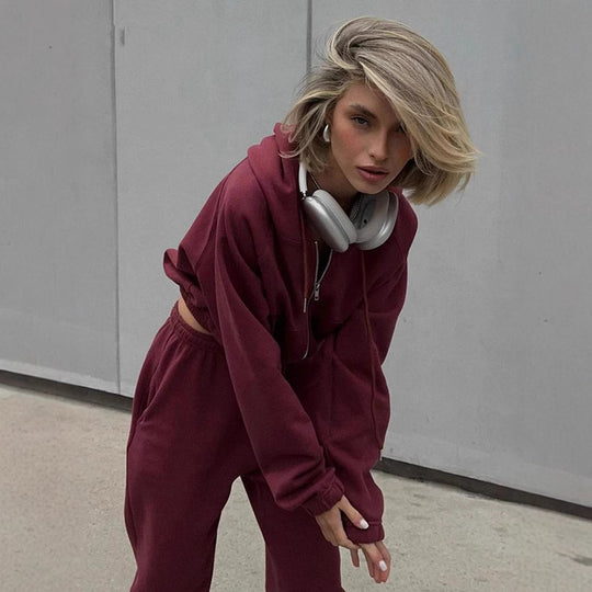 Damen Sportliches Hoodie-Set mit hohem Kragen und bequemen Hosen R&B