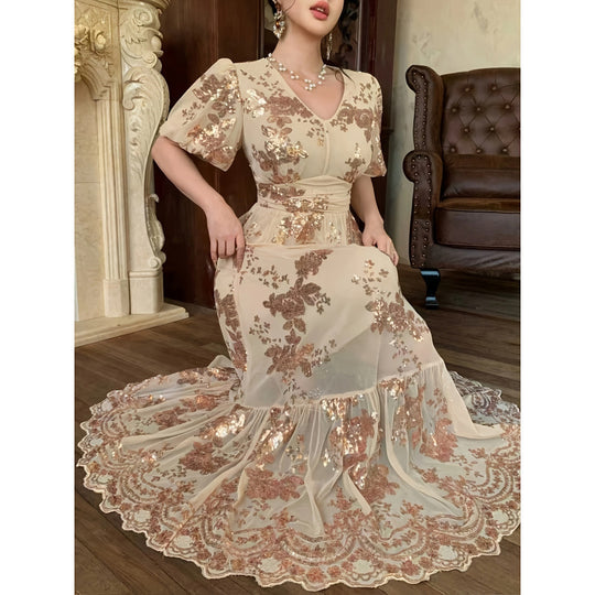 Damen Festliches Maxikleid mit funkelnden Pailletten und exquisiten Blumendetails R&B