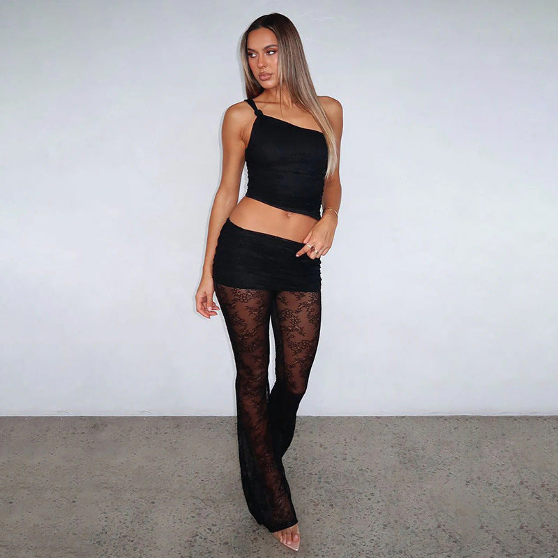 Damen asymmetrisches Oberteil mit elegantem Spitzen-Details und figurbetonten Leggings R&B