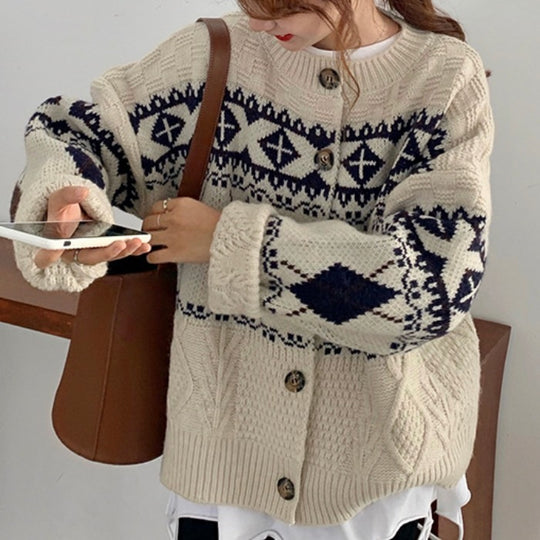 Damen Grobstrickjacke mit dekorativem Norwegermuster R&B