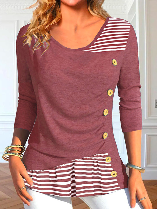 Damen Langarmshirt mit Knopfdetails und gestreiftem Saum R&B